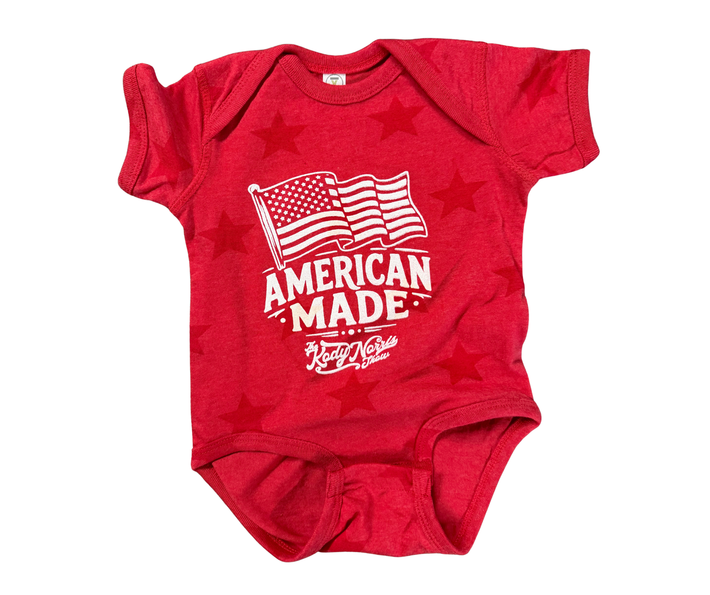 Red baby onesie with 'American Made' text and American flag design on a white background