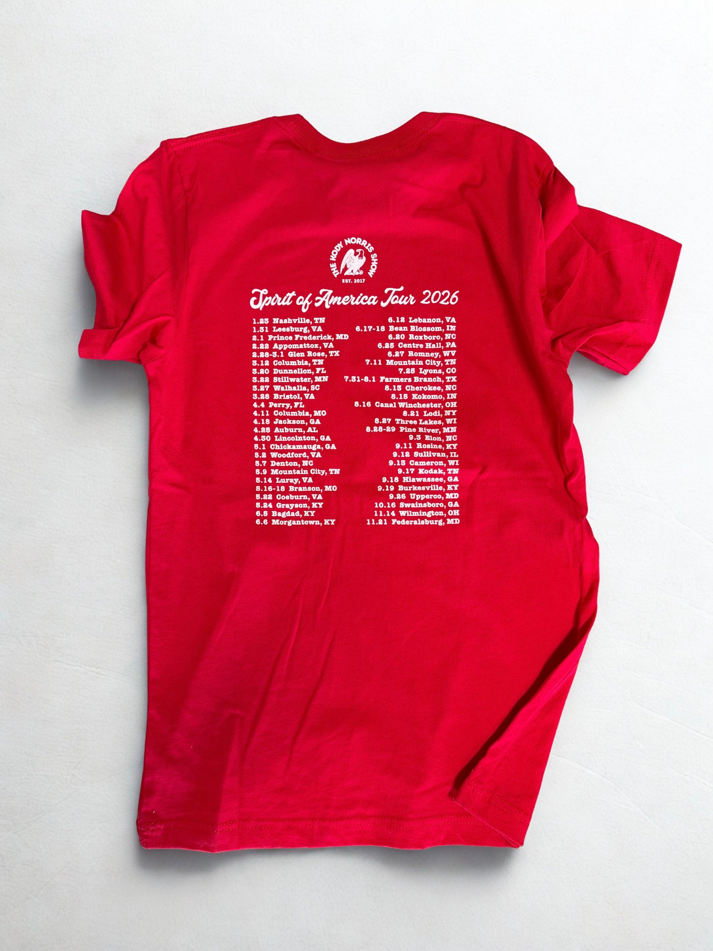 Red t-shirt with white text on a red background