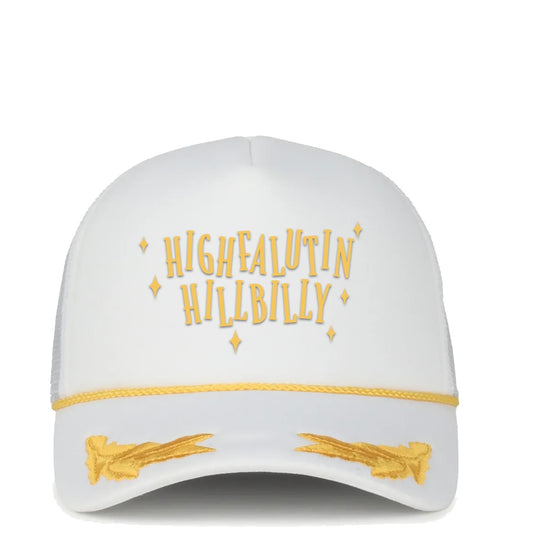 White cap with gold text and designs on a white background