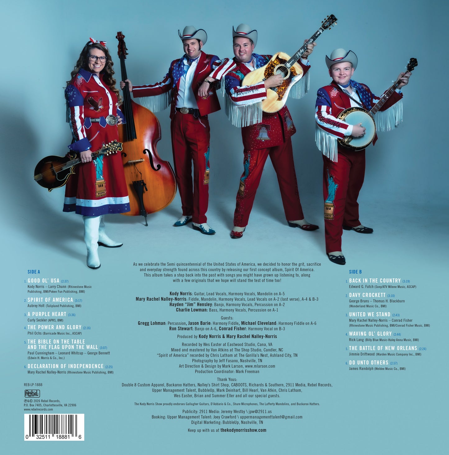 Back cover of a music album featuring four performers in matching red, white, and blue patriotic outfits against a light blue background, with track listing text and barcode below.