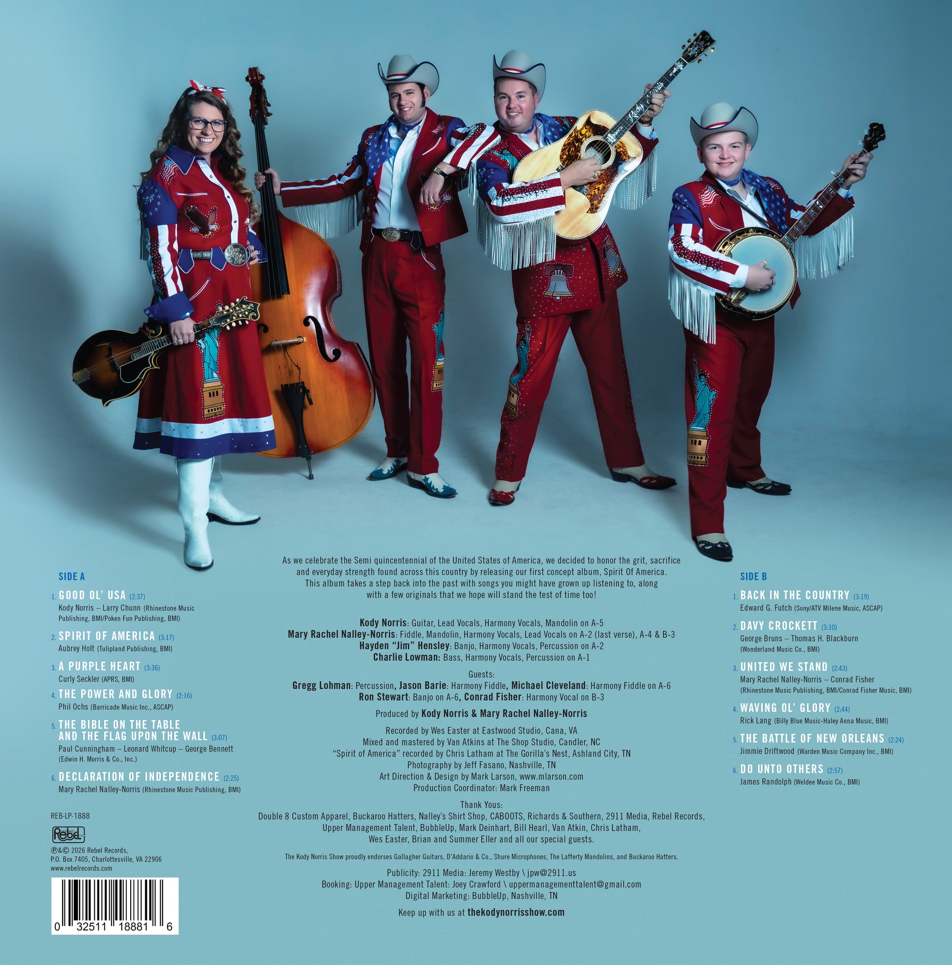 Back cover of a music album featuring four performers in matching red, white, and blue patriotic outfits against a light blue background, with track listing text and barcode below.