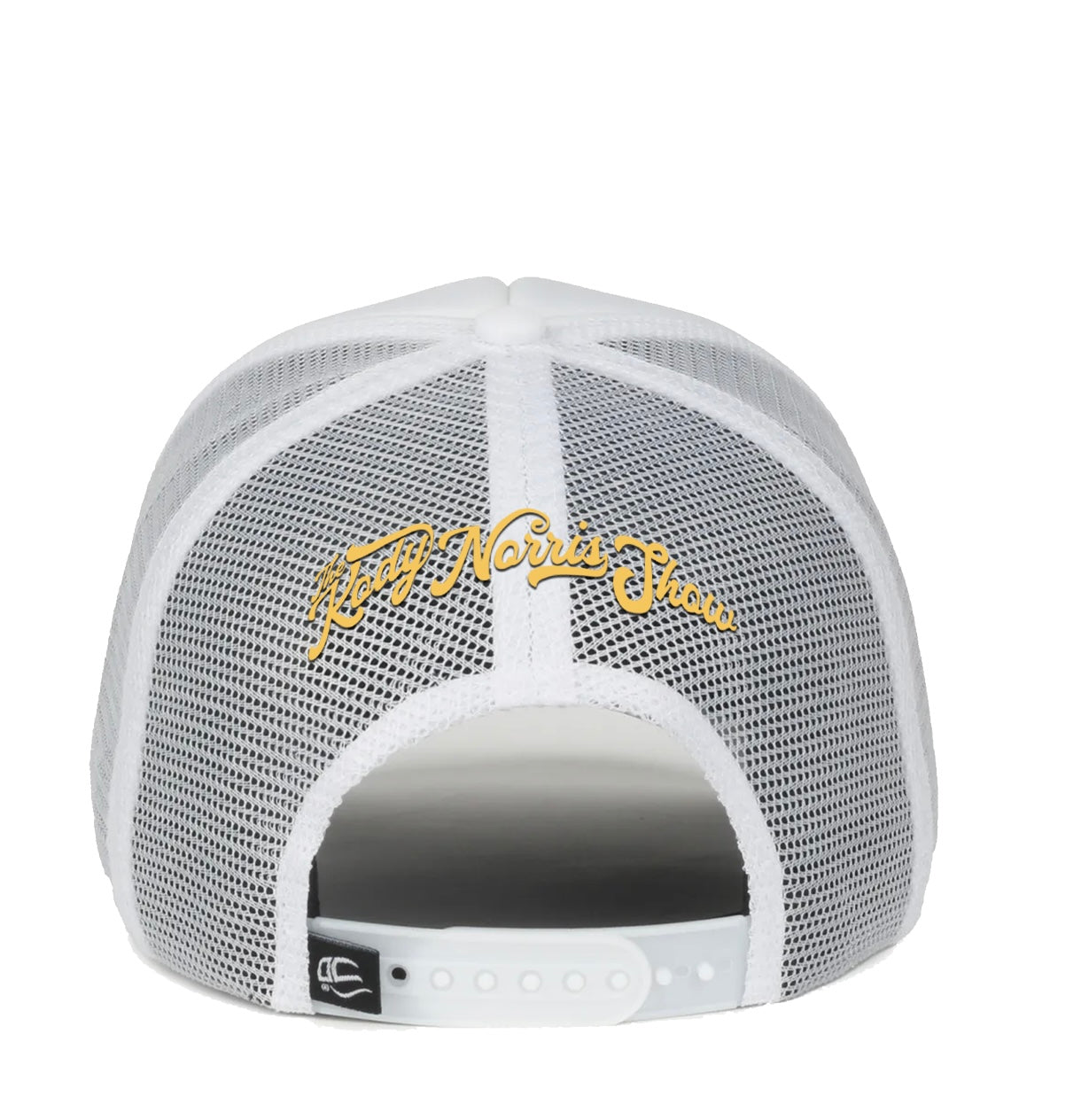 White trucker cap with mesh back and gold logo on a white background