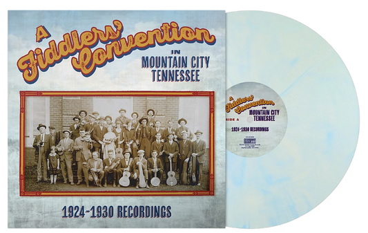 Vinyl record album cover and disc for 'A Fiddler's Convention in Mountain City Tennessee, 1924-1930 Recordings.' The cover shows a vintage group photograph and stylized orange title text, with a pale blue marbled record partially visible behind it.